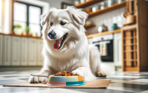 A white dog eating in the kitchen