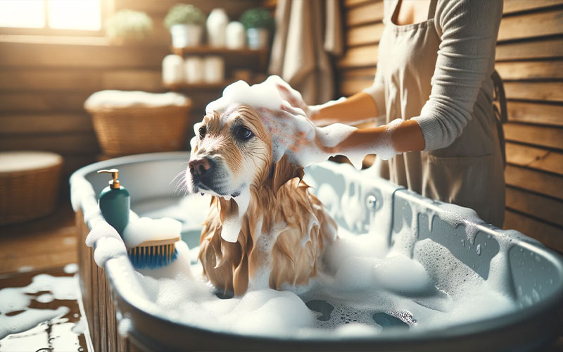 a dog with shampoo